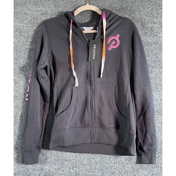 PELOTON Womens Small Sweatshirt Hoodie Dark Gray Full Zip Graphic Print Hooded - Picture 1 of 8